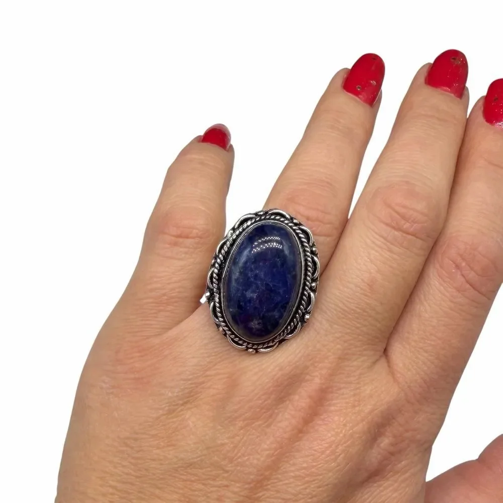 Sodalite Ring Size 10.5 925 Sterling Silver Overlay Oval Stone